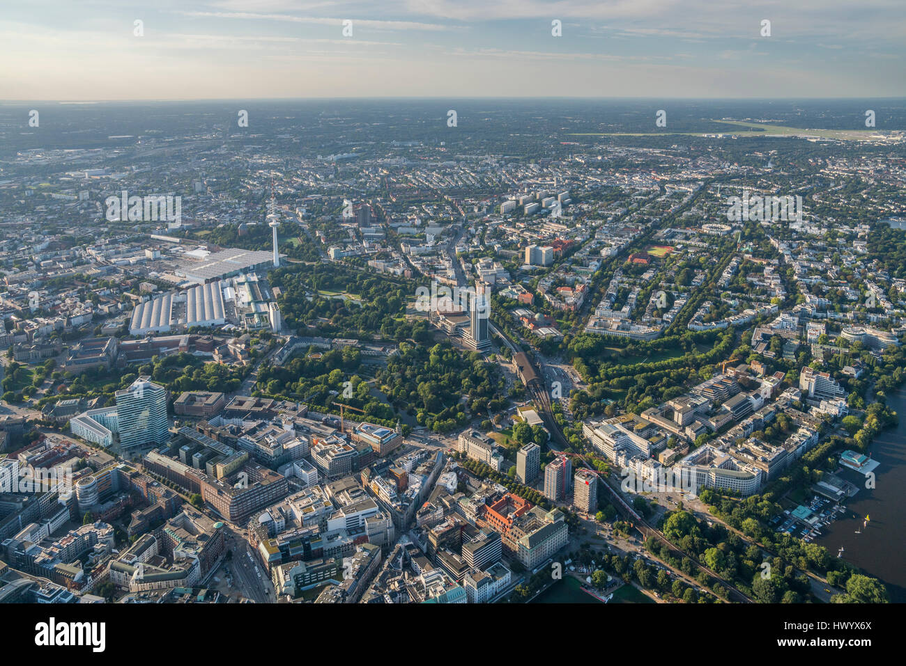 Germany, Hamburg, aerial view of Karolinenviertel with Heinrich-Hertz Tower Stock Photo