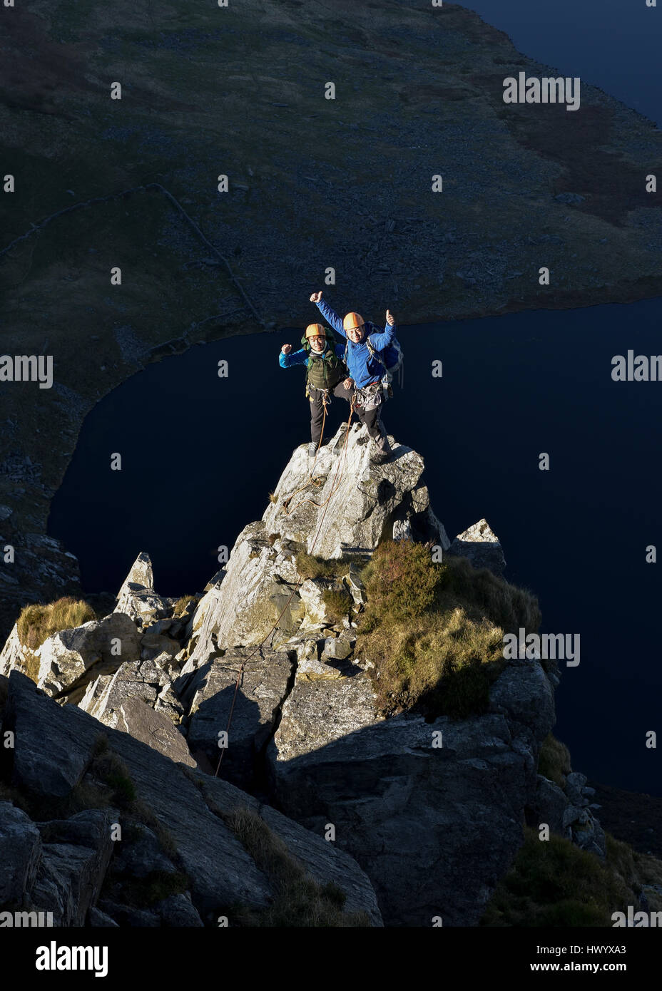 UK, North Wales, Snowdonia, Craig Cwm Silyn, two mountaineers on Outside Edge Route Stock Photo