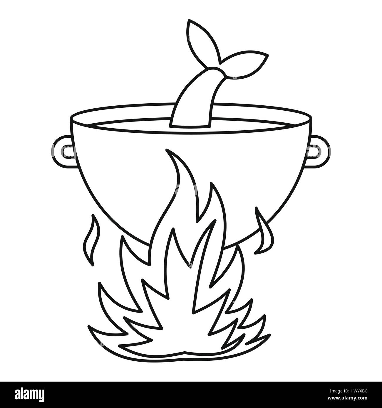 Fish soup in the cauldron icon, outline style Stock Vector