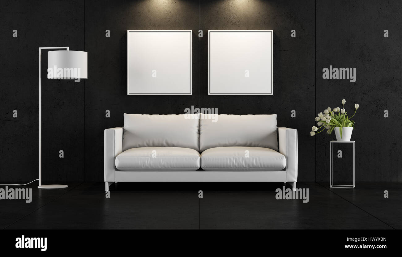 Modern living room with black concrete wall and white sofa - 3d ...