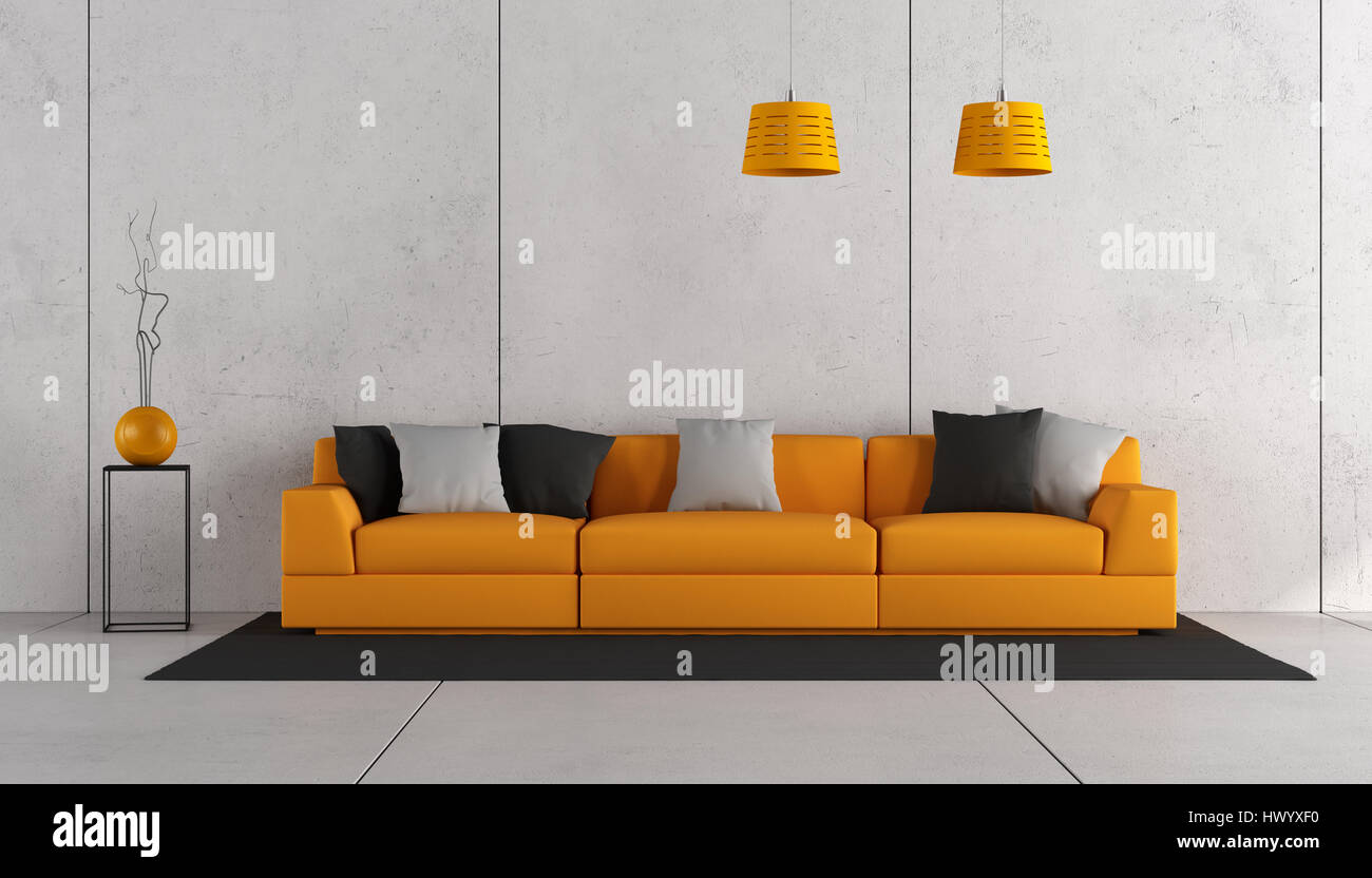 Modern Living Room With Orange Sofa And Concrete Wall 3d Rendering Stock Photo Alamy