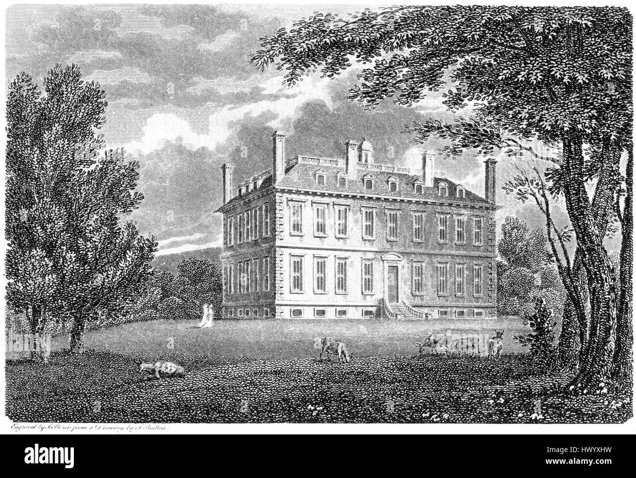 An engraving of Coleshill House, Berkshire scanned at high resolution from a book printed in 1812.  .Believed copyright free. Stock Photo