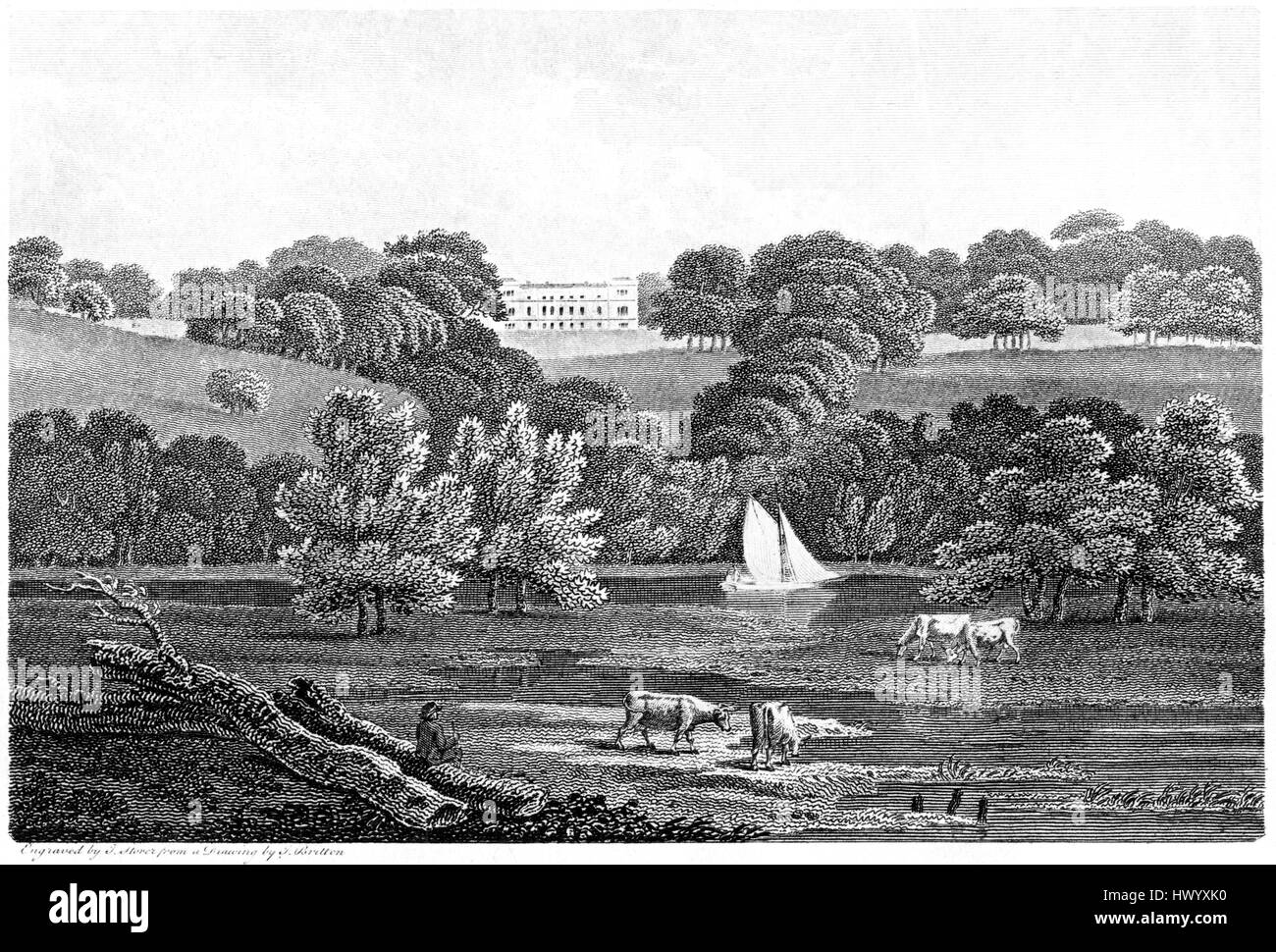 An engraving of Park Place, Berkshire scanned at high resolution from a book printed in 1812.  .Believed copyright free. Stock Photo