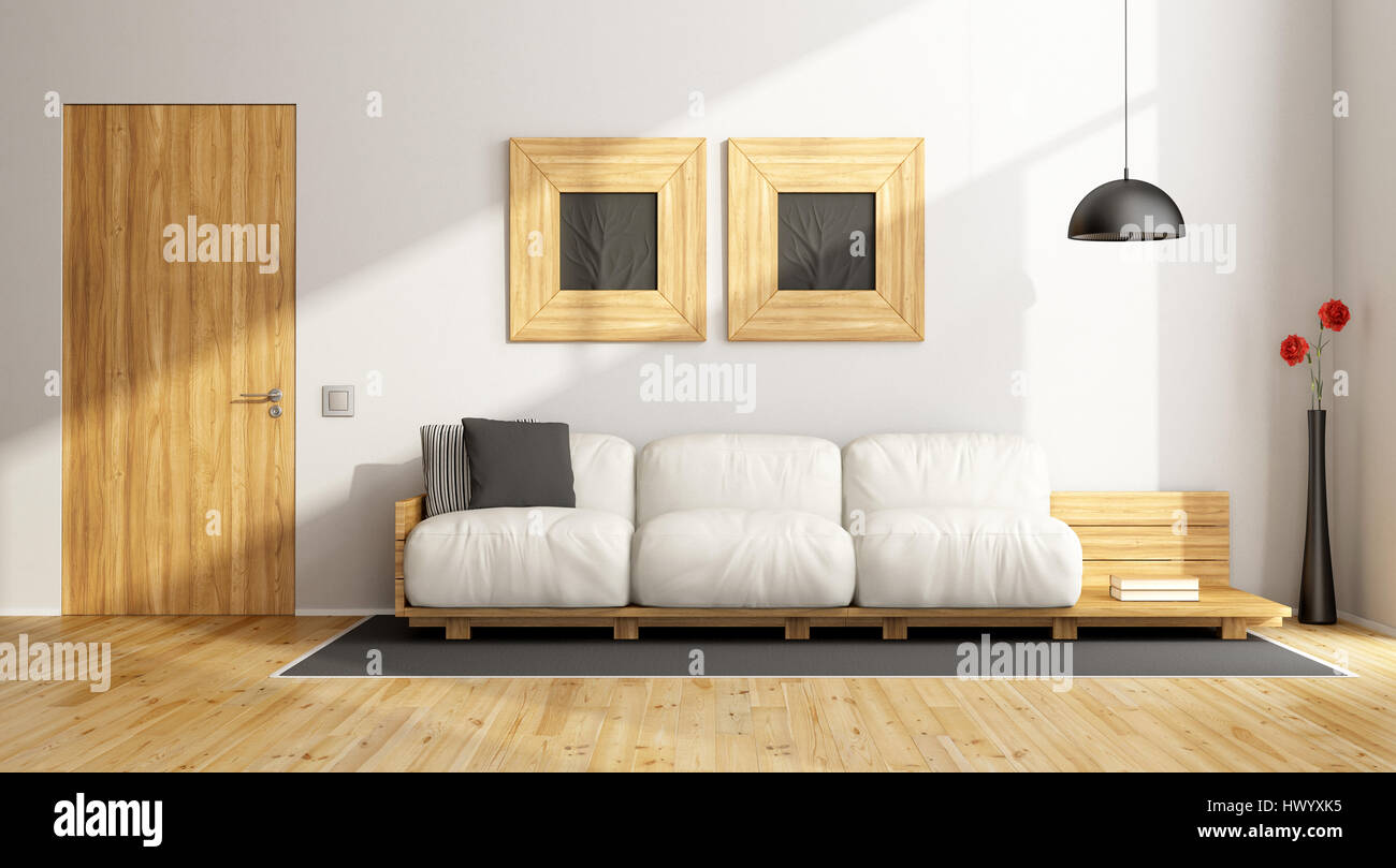 Minimalist living room with white wall and wooden furniture - 3d rendering Stock Photo