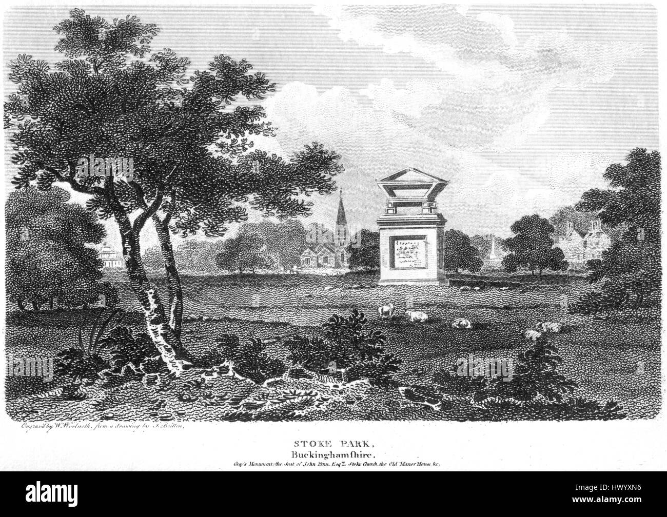 An engraving of Stoke Park, Buckinghamshire scanned at high resolution from a book printed in 1812.  .Believed copyright free. Stock Photo