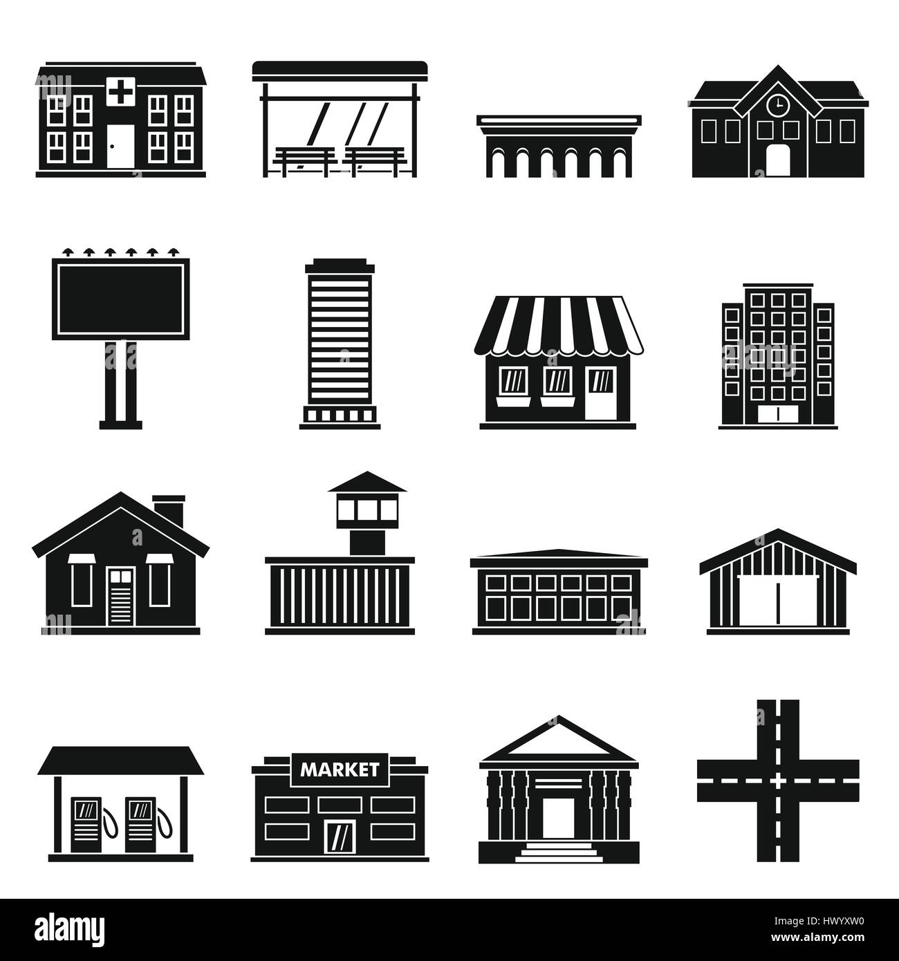 City infrastructure items icons set, simple style Stock Vector