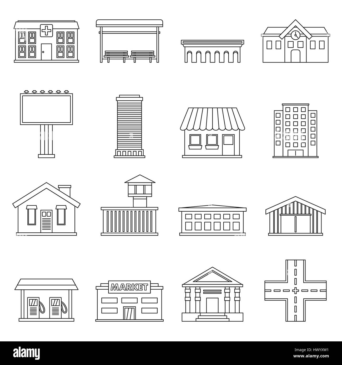 City infrastructure items icons set, outline style Stock Vector