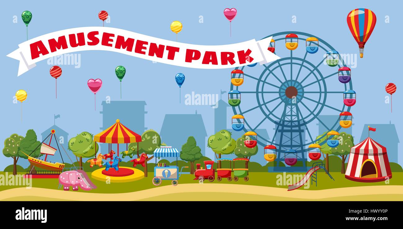 Amusement park landscape concept, cartoon style Stock Vector Image ...