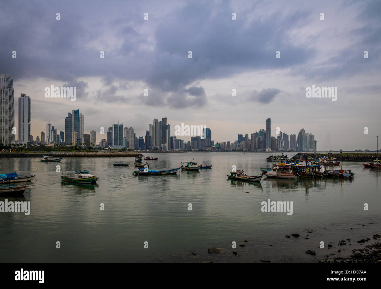 Fishing Boats and Skyline - Panama City, Panama Stock Photo