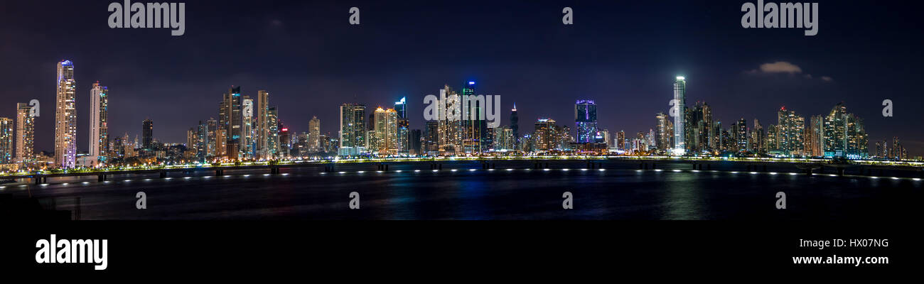 Panoramic view of Panama City Skyline at night - Panama City, Panama Stock Photo