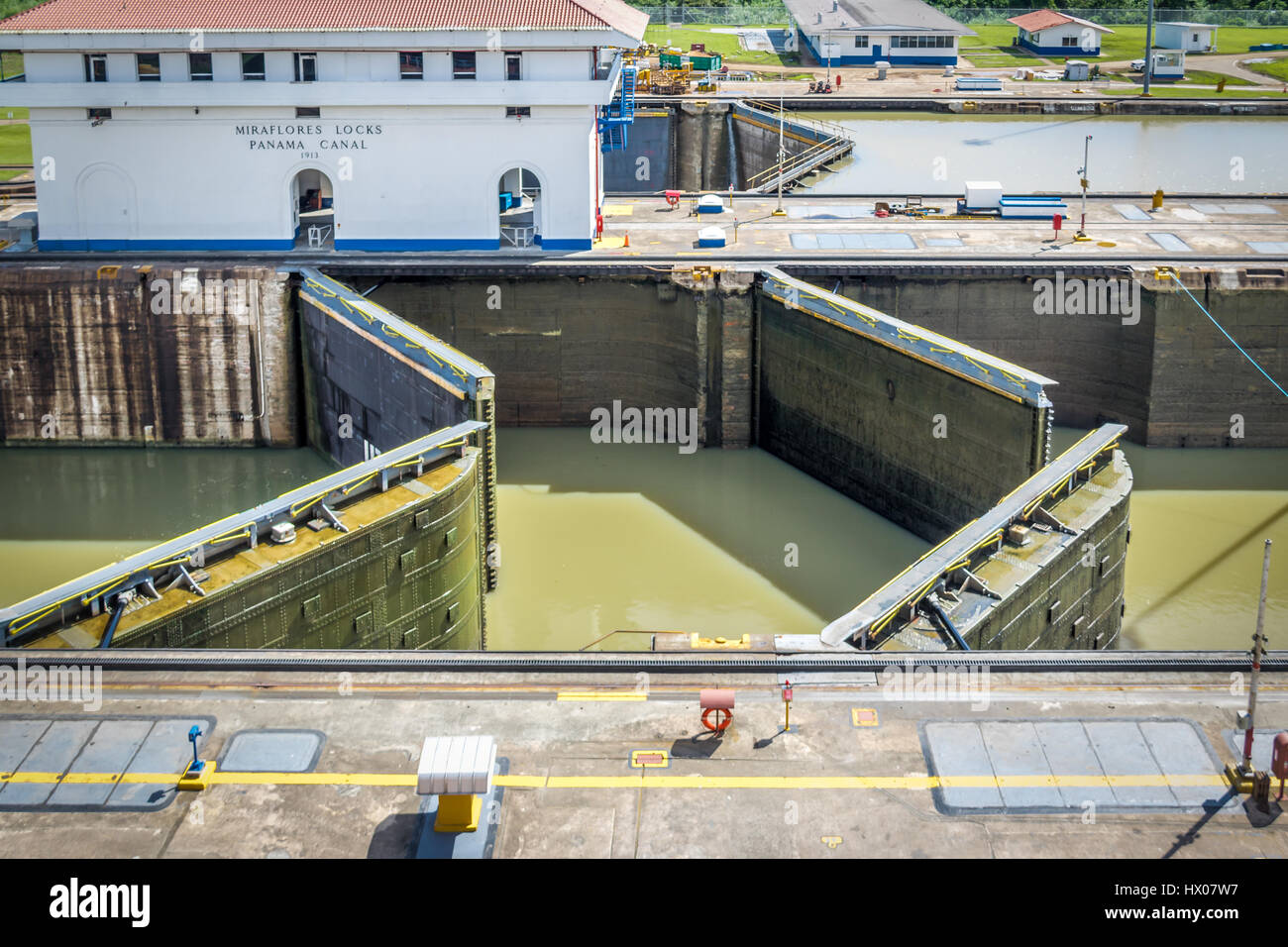 Opening gates at Miraflores lock entrance to the Panama Canal