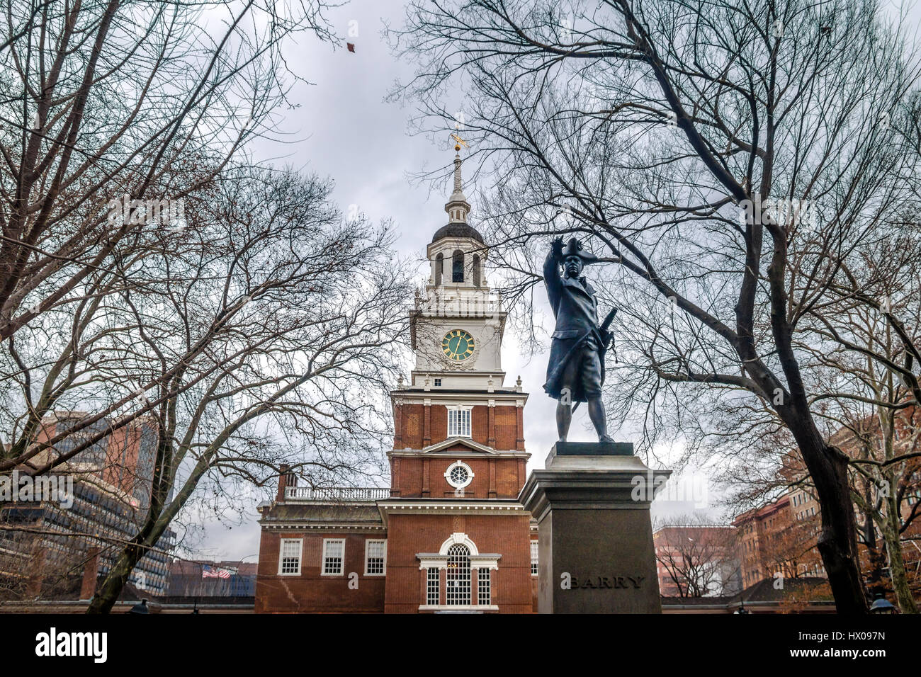 Independence Hall and John Barry statue - Philadelphia, Pennsylvania, USA Stock Photo