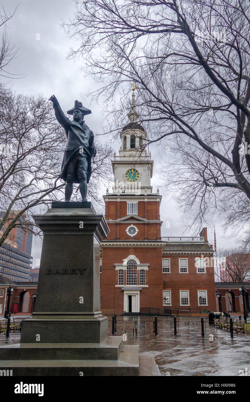 Independence Hall and John Barry statue - Philadelphia, Pennsylvania, USA Stock Photo