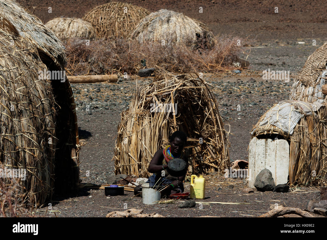 El Molo is the smallest african tribe with around 150 individuals living in primitive huts at the shores of the migthy Lake Turkana, Kenya Stock Photo