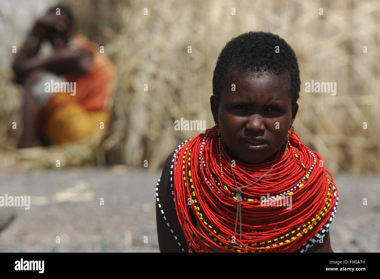 El Molo woman, this is the smallest african tribe with around 150 individuals living in primitive huts at the shores of the migthy Lake Turkana, Kenya Stock Photo