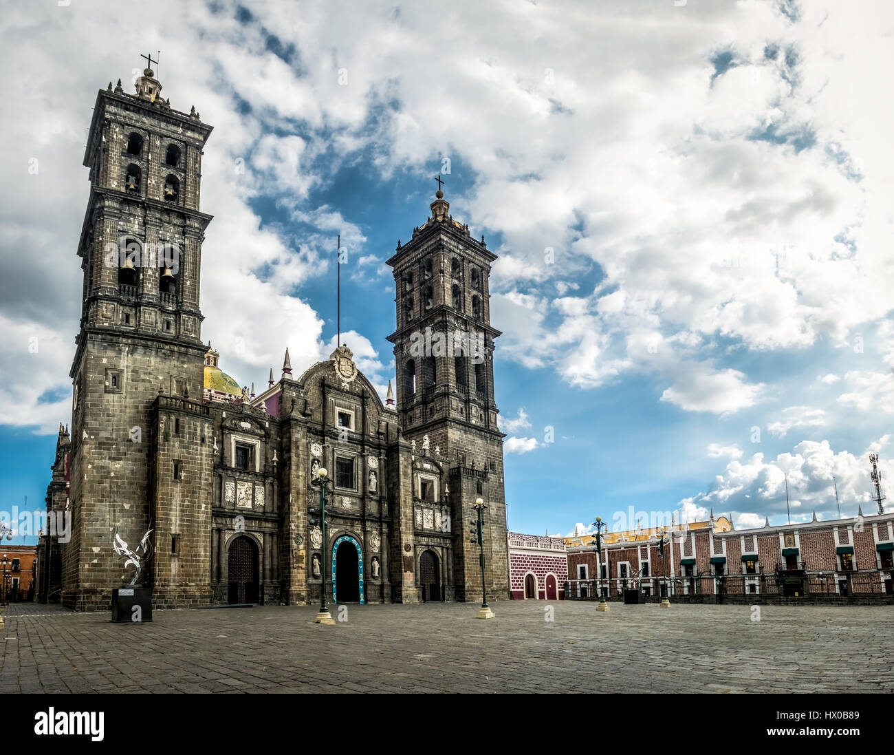 Facade of Puebla Cathedral - Puebla, Mexico Stock Photo