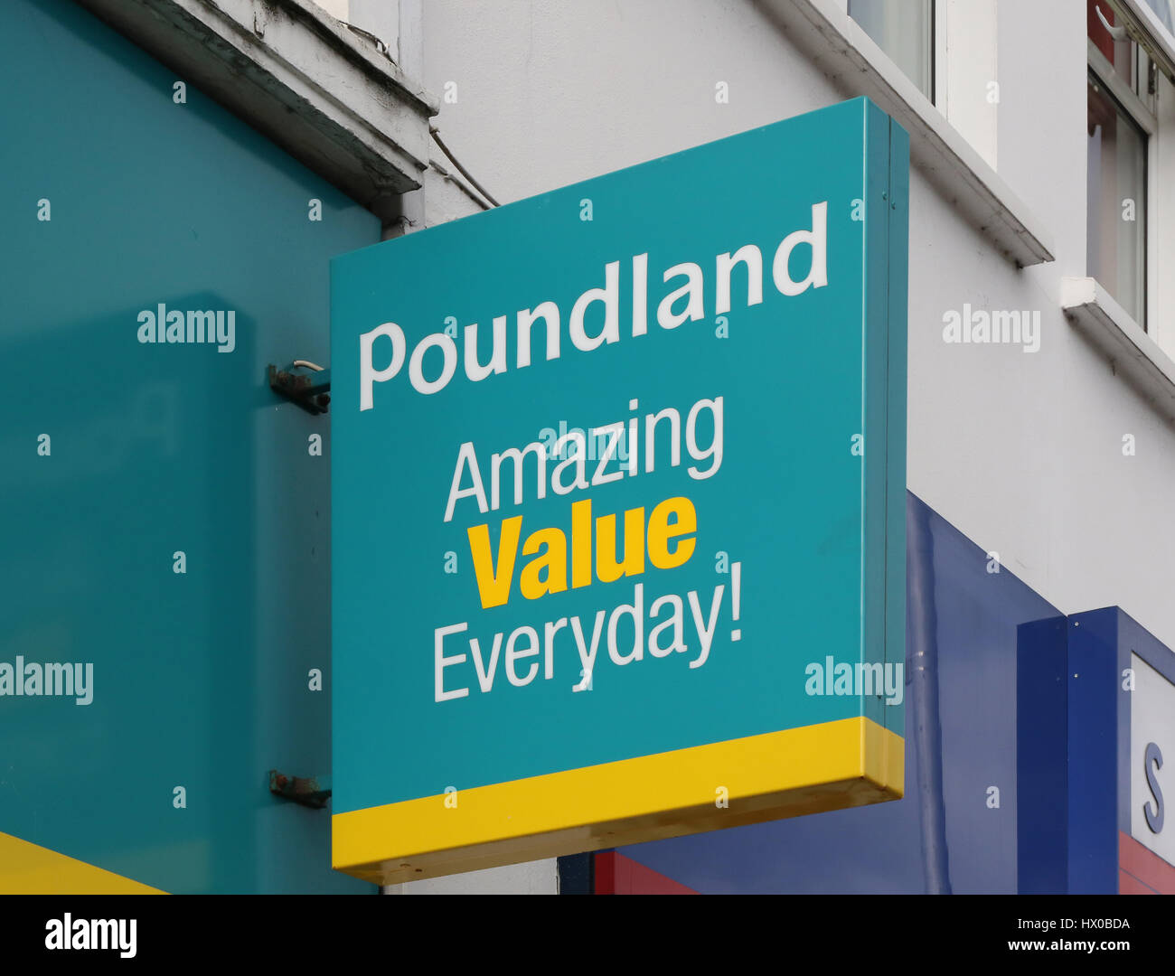 Shop sign UK retail, Poundland sign outside store in UK. Stock Photo