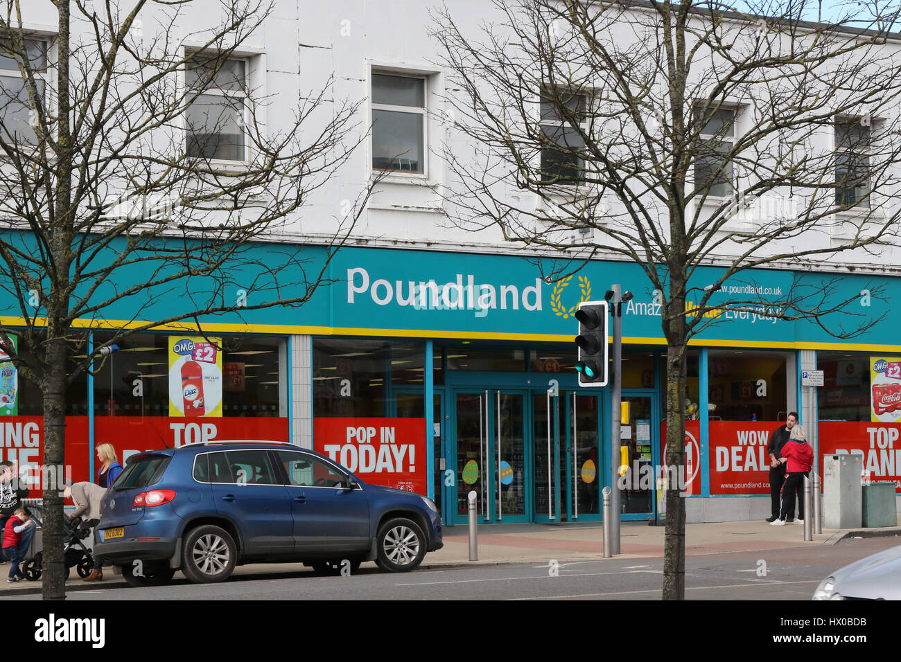 UK retail shop frontage on high street, Poundland store exterior and signage in Banbridge, Northern Ireland.. Stock Photo