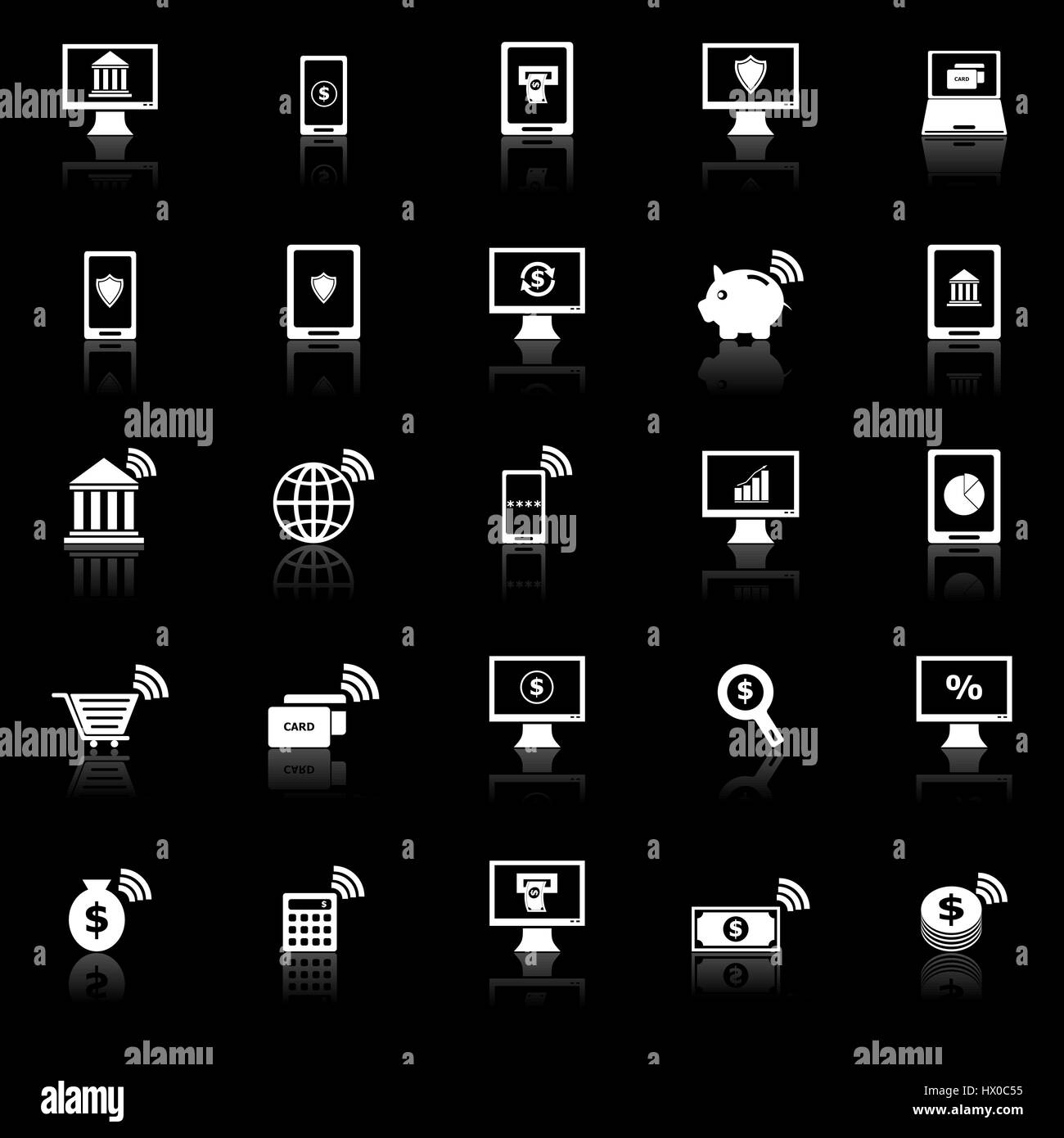 Online banking icons with reflect on black background, stock vector Stock Vector
