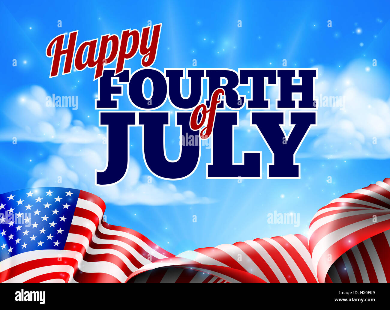 A Fourth of July Independence Day sky background with an American Flag Stock Photo