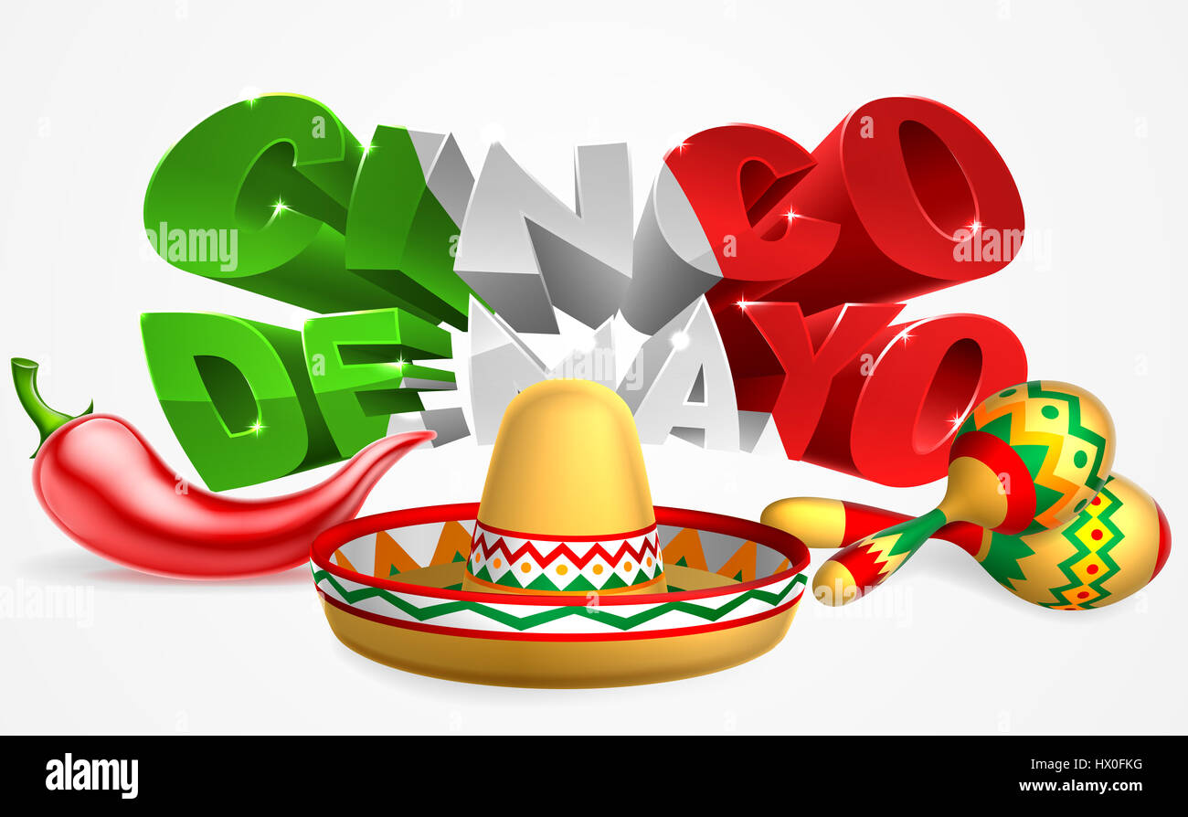 A Mexican Cinco De Mayo label sign decal design with red chilli pepper, sombrero straw sun hat and maracas shakers Stock Photo