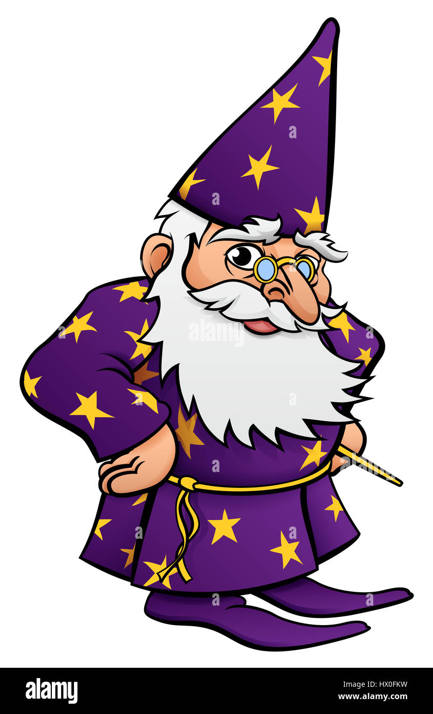 A cute wizard mascot cartoon character looking over his glasses Stock