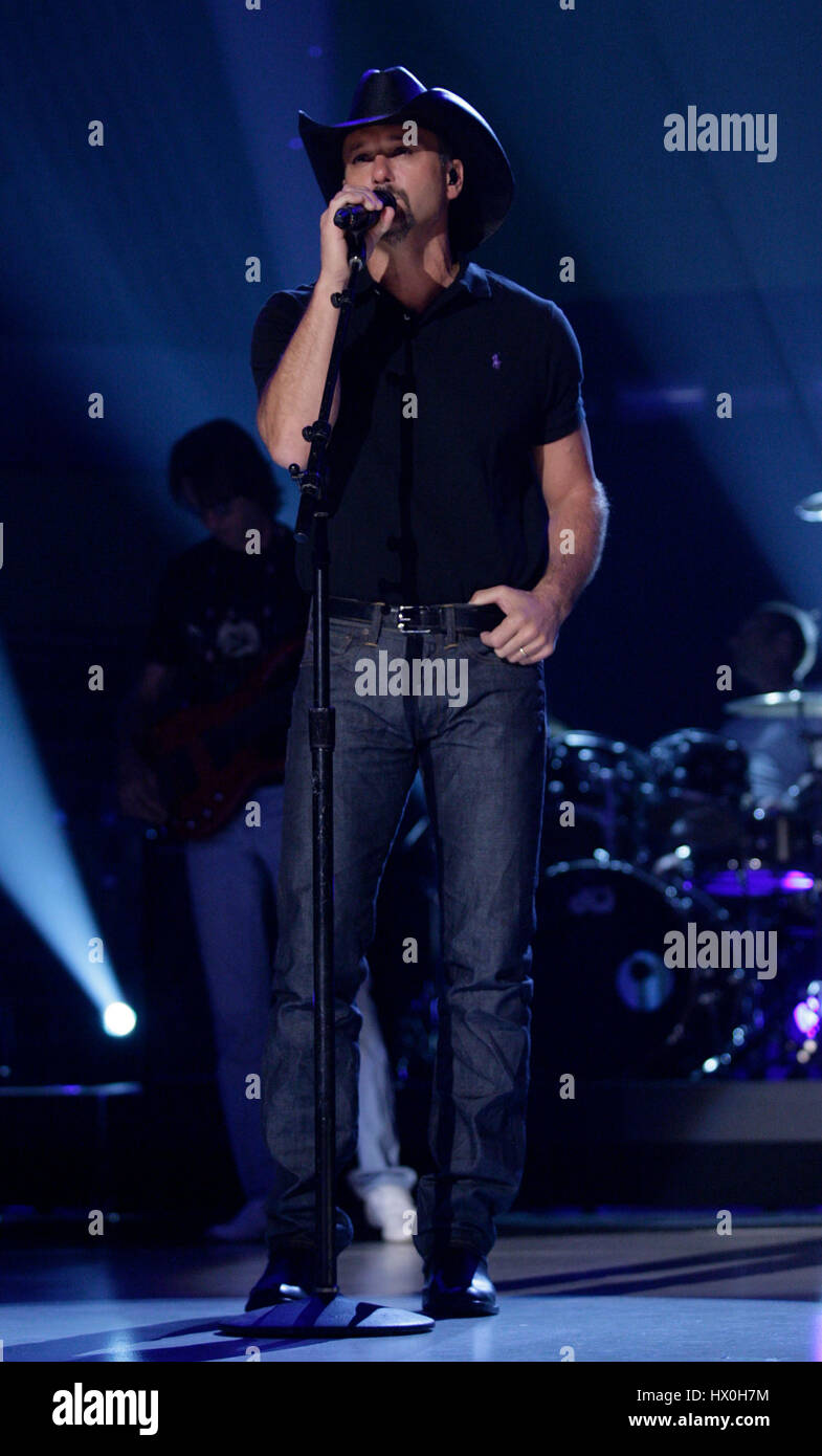Tim McGraw performs during rehearsals for the 45th Academy of Country Music Awards at the MGM Grand Garden Arena in Las Vegas, Nevada on April 17, 2010. Photo by Francis Specker Stock Photo