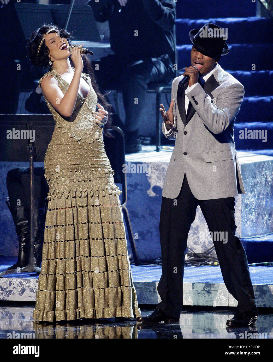 Rihanna, right, and Ne-Yo perform at the 2007 American Music Awards at the Nokia Theatre in Los Angeles on Sunday, Nov. 18, 2007. Photo credit: Francis Specker Stock Photo