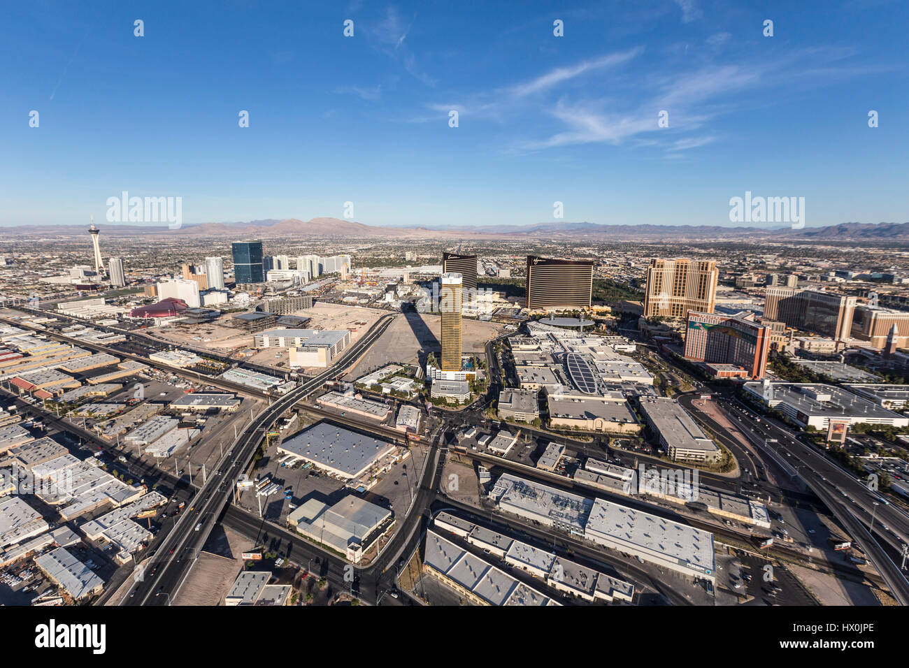 Las Vegas, Nevada, USA - March 13, 2017:  Aerial view of casino resort towers on the Las Vegas strip. Stock Photo
