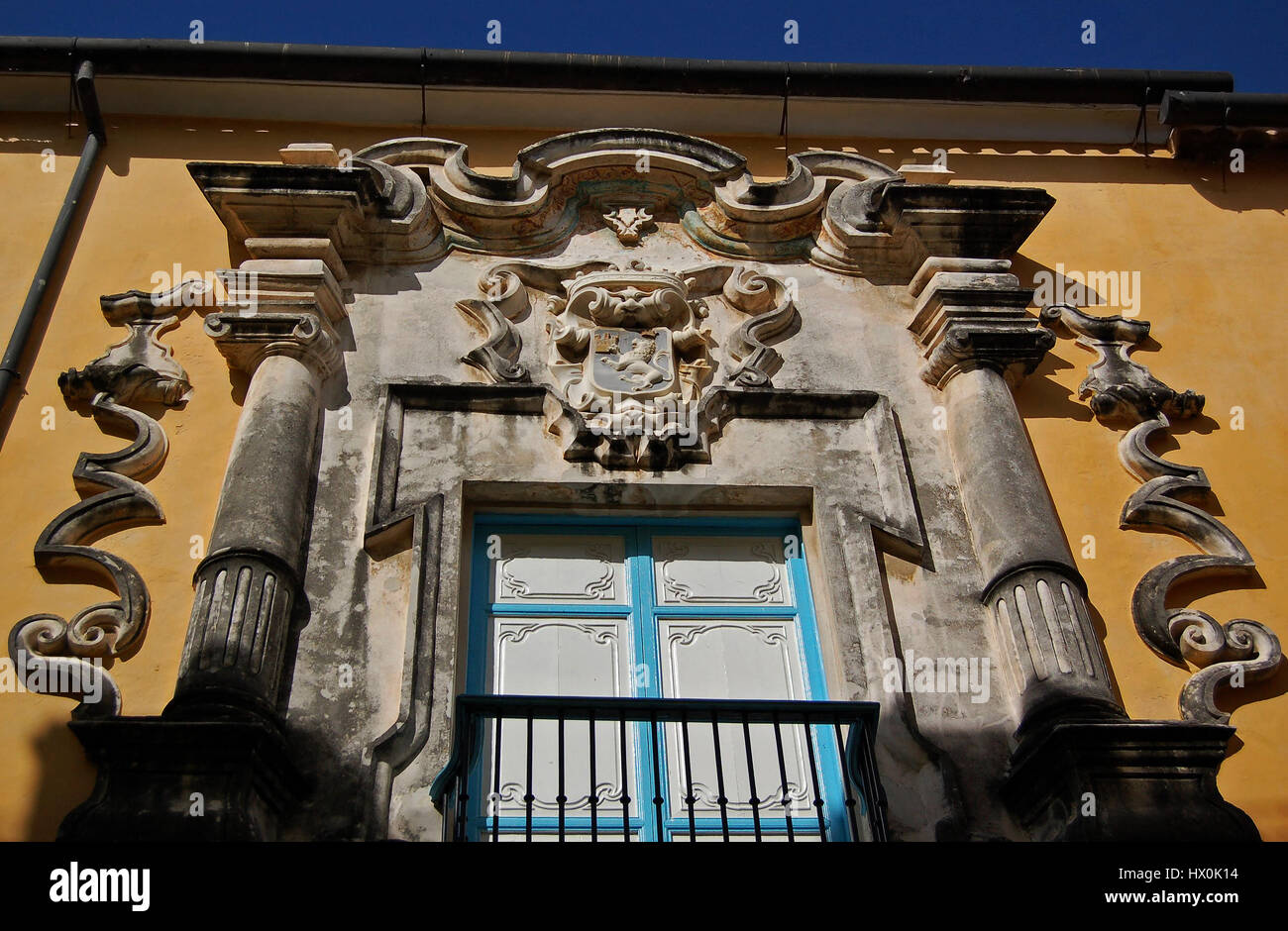 A detail view of the Monumental Entrance Portal of Casa de la Obra Pia, in Old Havana, Cuba Stock Photo