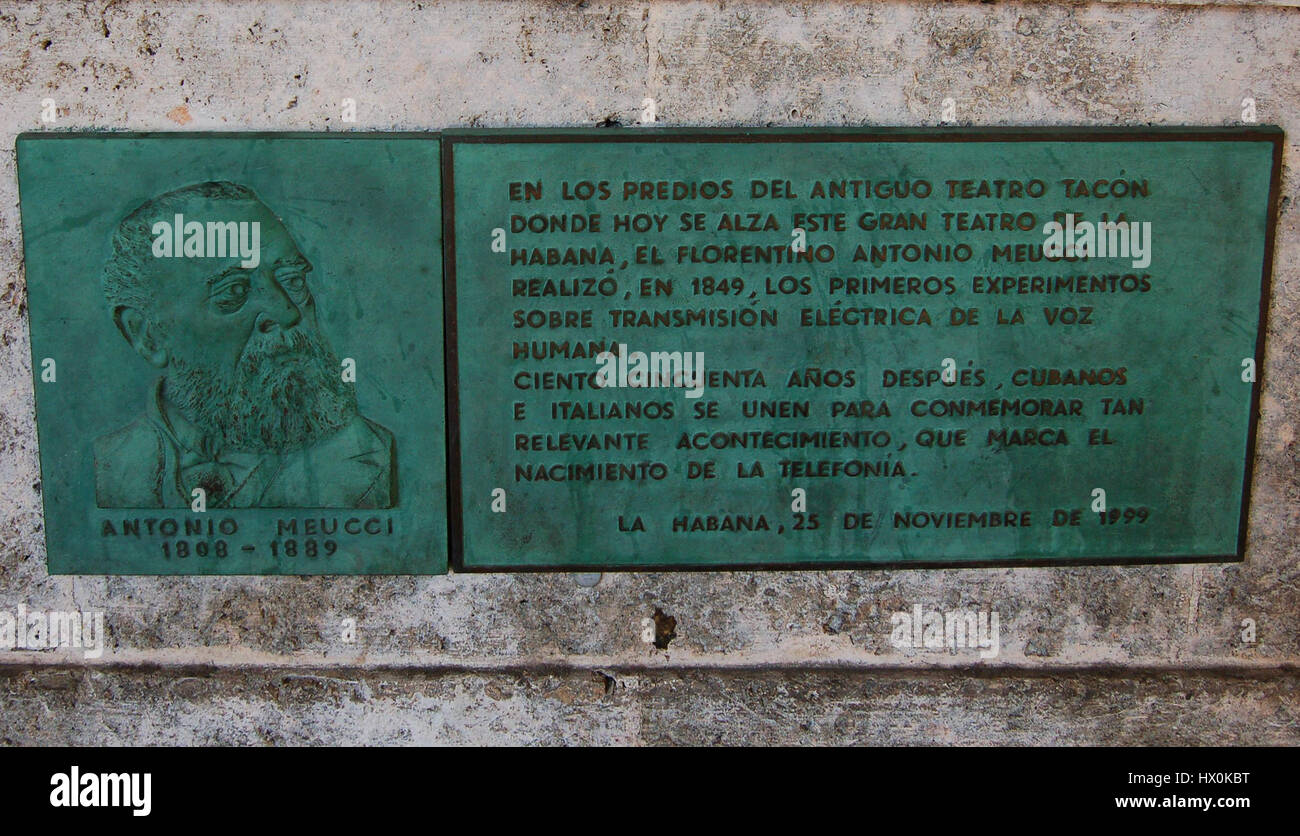 Commemorative Plaque for Antonio Meucci, Italian inventor, at the Gran Teatro de la Habana, Havana, Cuba Stock Photo