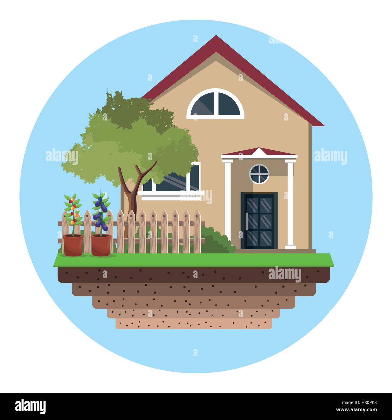 house with fence tree garden Stock Vector Image & Art - Alamy