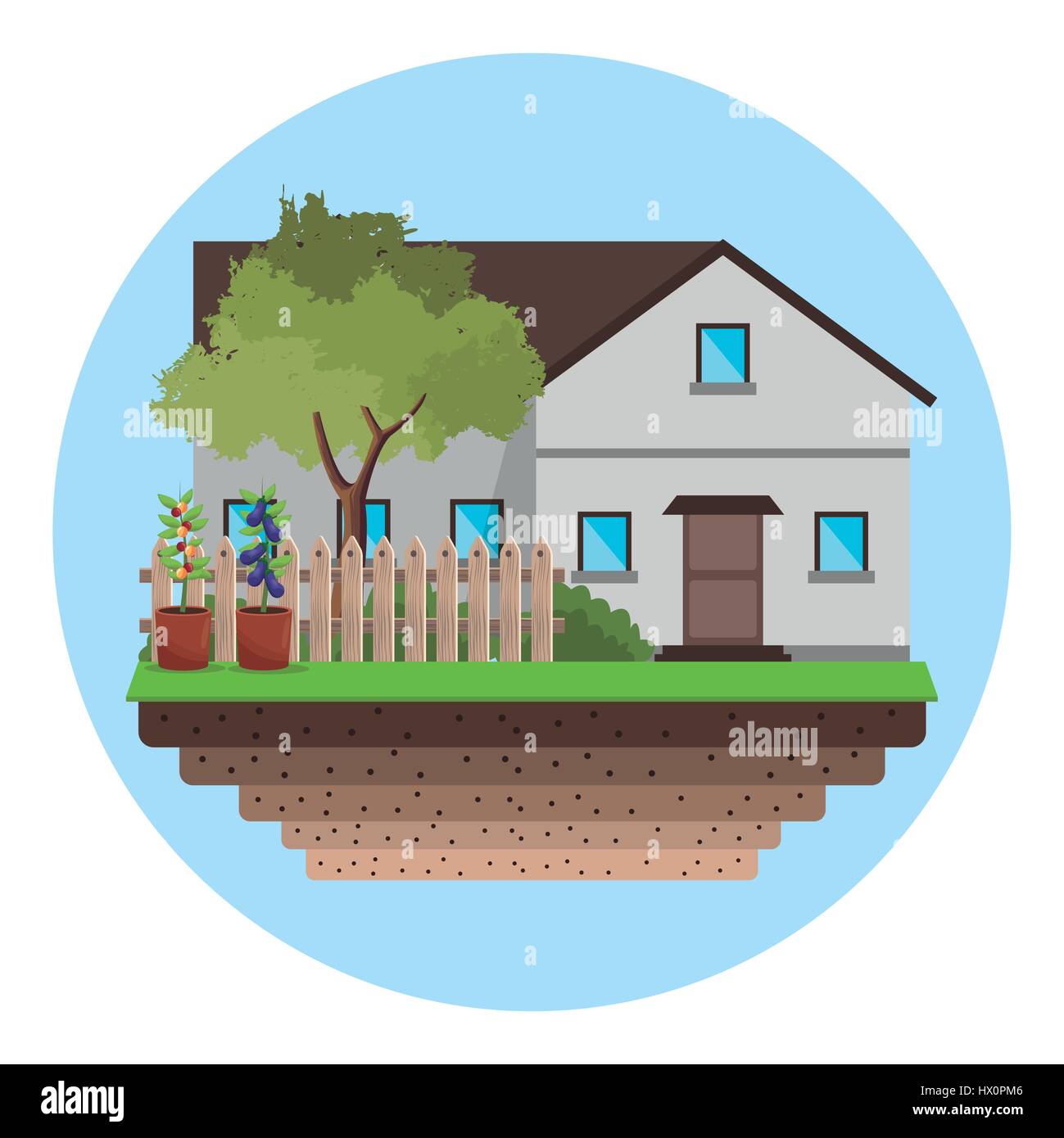 house with fence tree garden Stock Vector Image & Art - Alamy