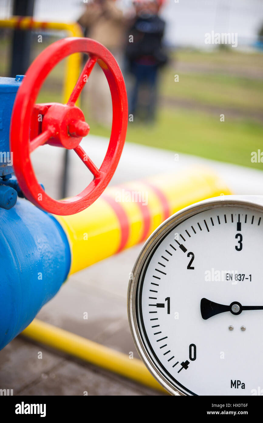 Gas manometer on background Valves manual in the production process