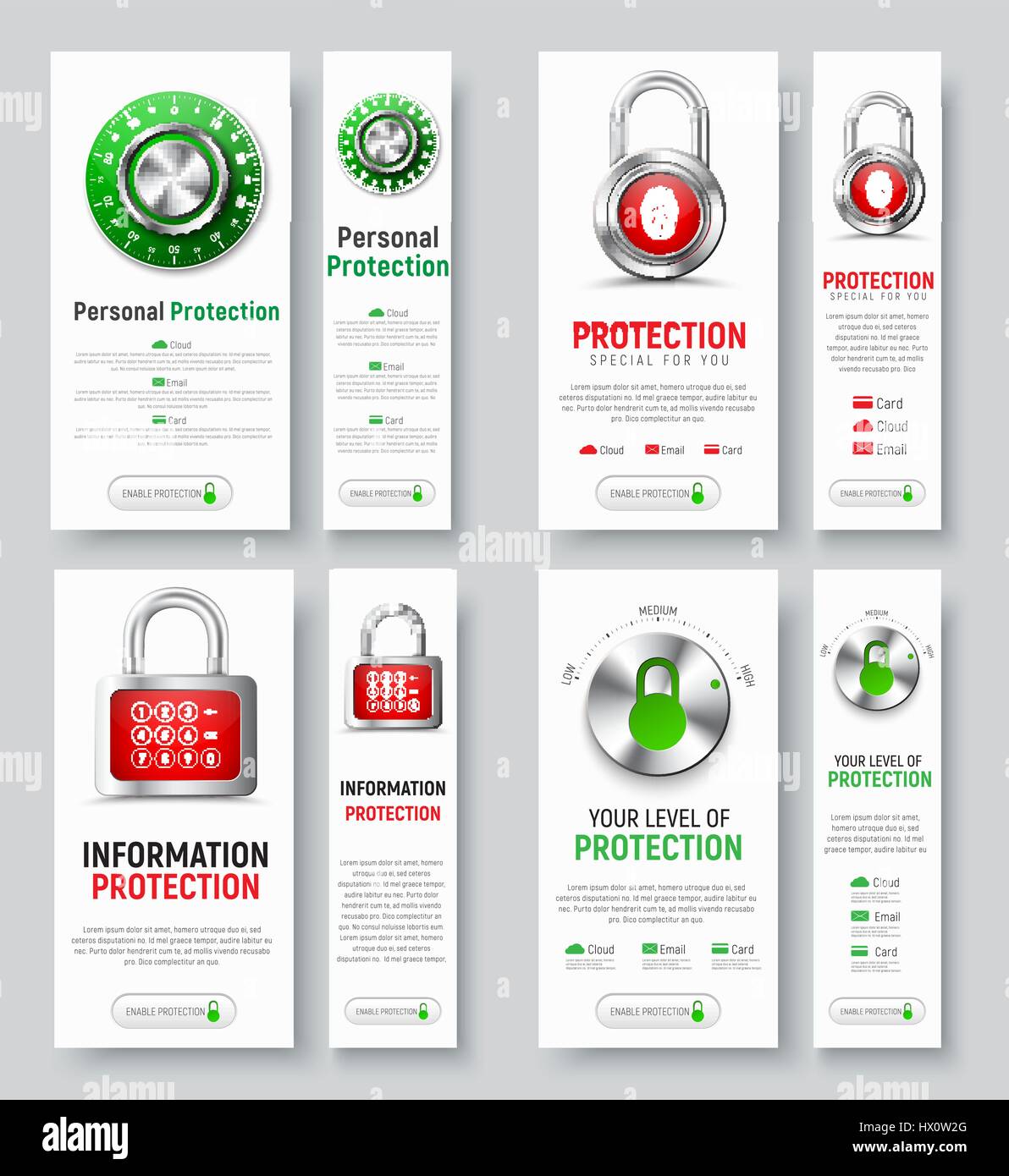 Design of white vertical banners to protect. Vertical templates with padlock, fingerprint, mechanical combination lock and level control of the cloud, Stock Vector