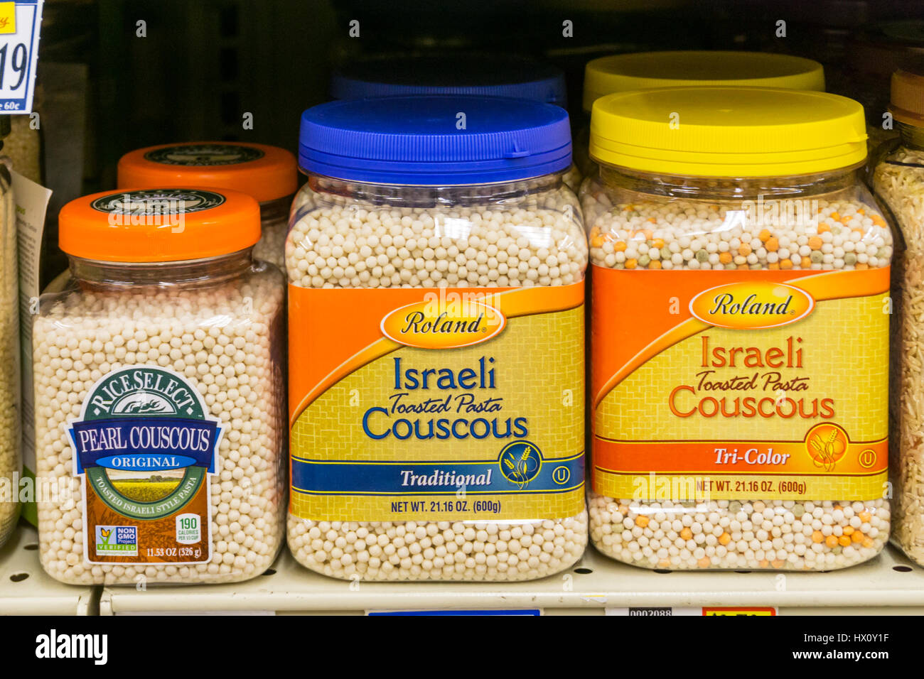 Israeli couscous for sale on supermarket shelves. Stock Photo