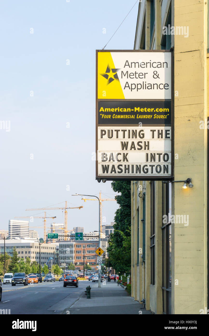 Sign on American Meter & Appliance, Westlake Ave N, Seattle. Stock Photo