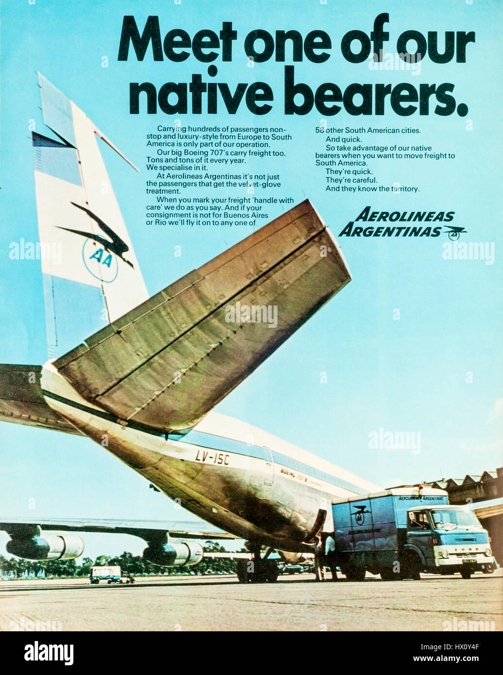 A 1970s magazine advert advertising  the Argentinean airline Aerolinas Argentinas. Stock Photo