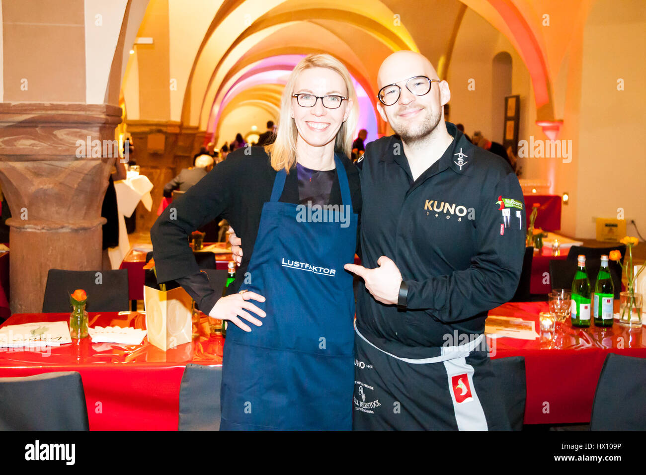 Michelin star chef Benedikt Faust with food writer Angela Berg Stock Photo