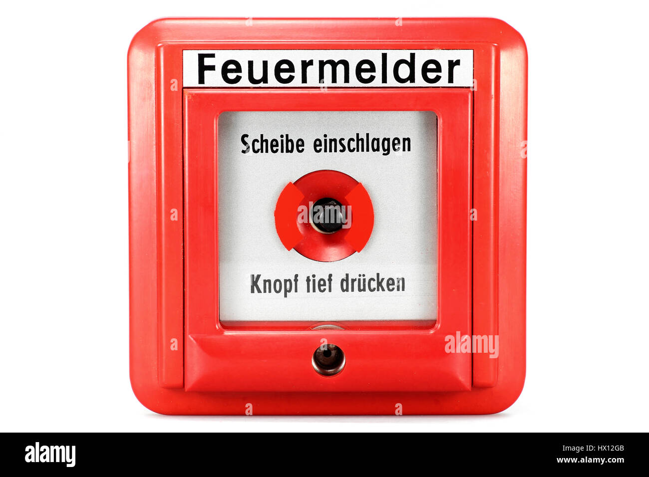 German pushbutton fire alarm isolated on white background Stock Photo