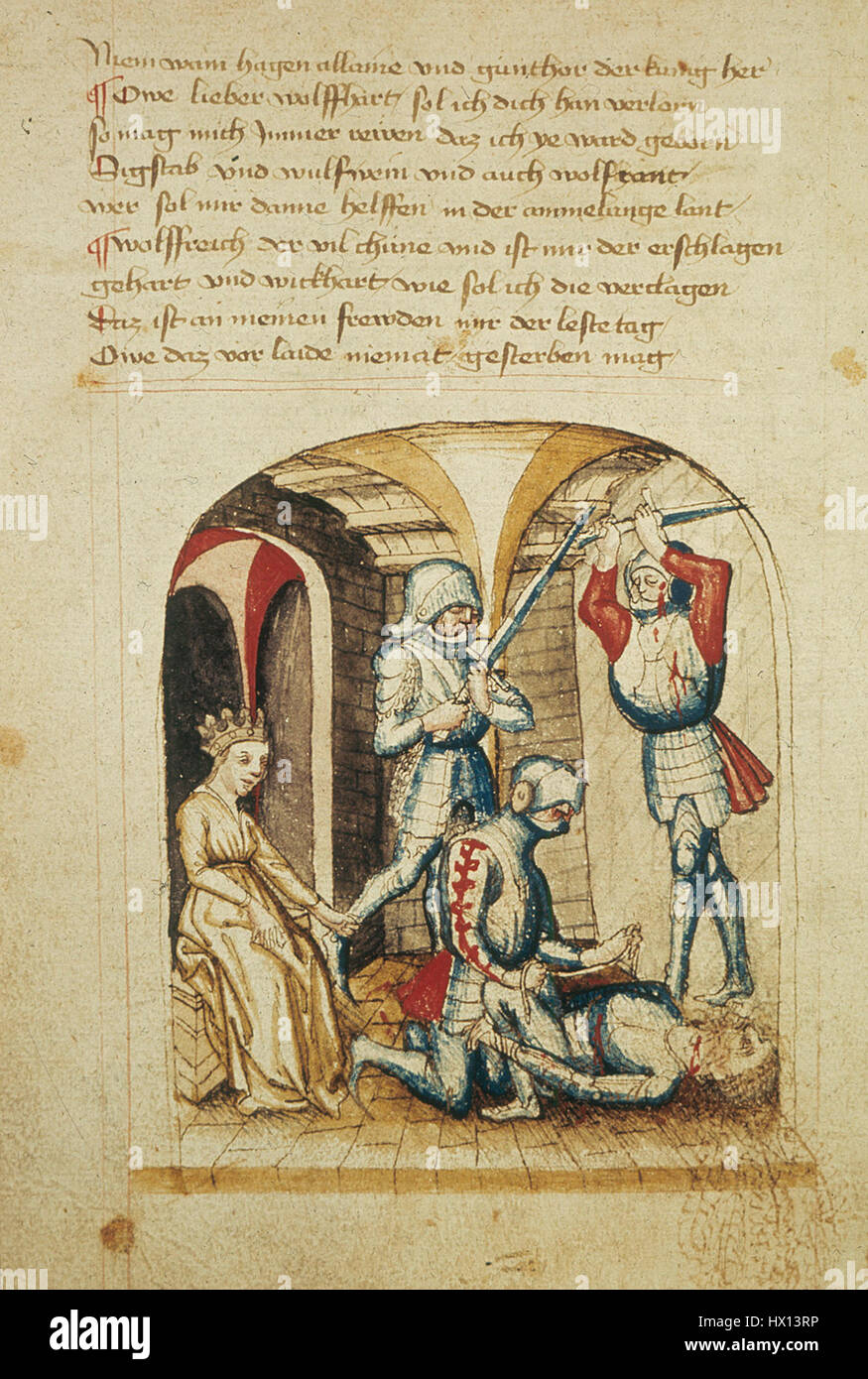 Dietrich von Bern ueberwaeltigt Hagen Kriemhild betrachtet die Szene Hundeshagenscher Kodex Stock Photo