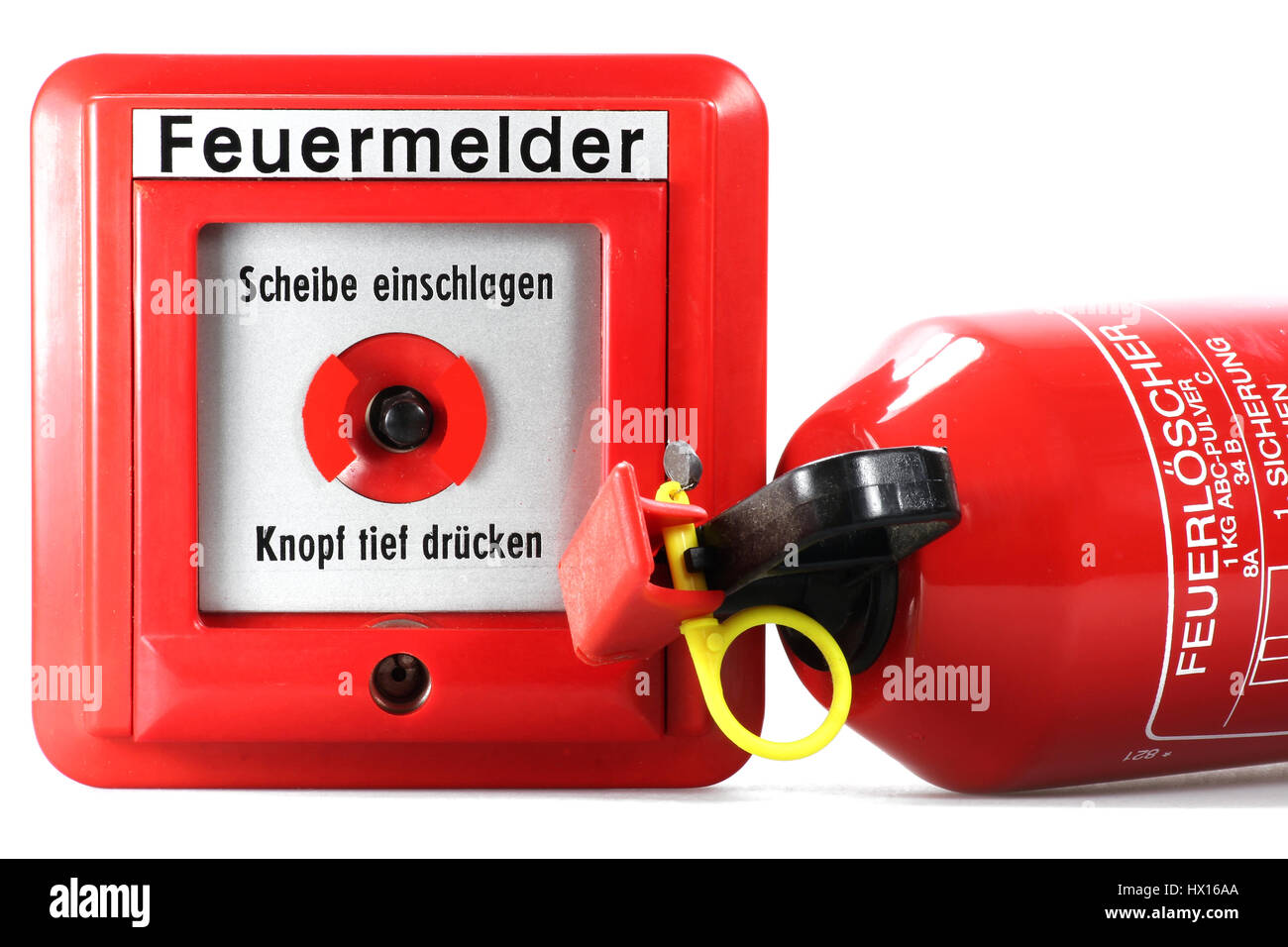 German push-button fire alarm isolated on white background Stock Photo