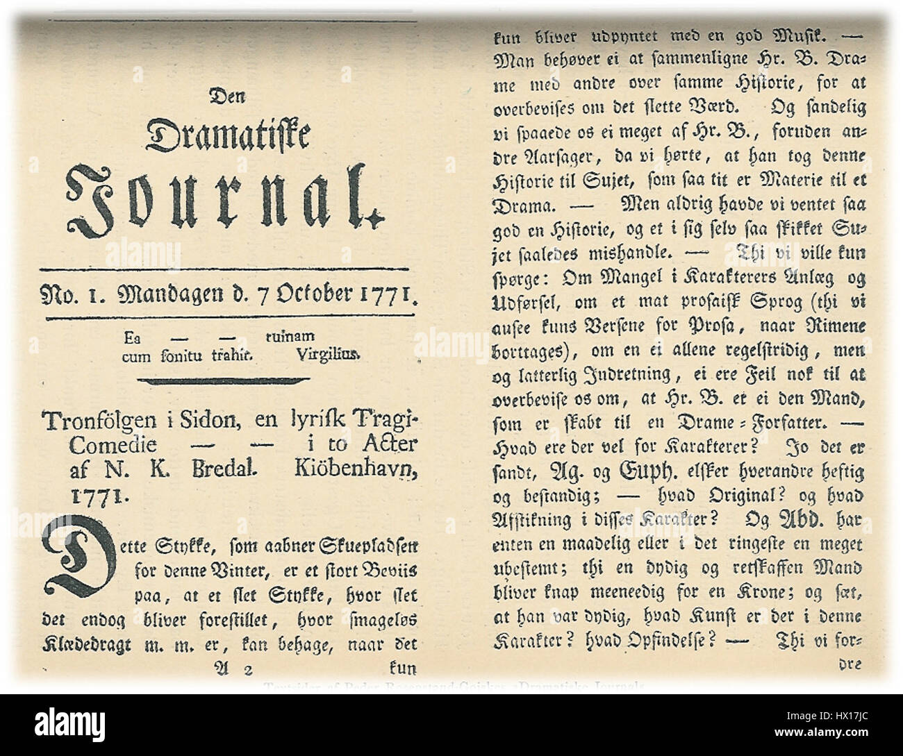 'Den Dramatiske Journal' (The Dramatic Journal) from 1771 is a Danish publication focused on theater and dramatic arts. It reflects the cultural and theatrical life of Denmark during the late 18th century. Stock Photo