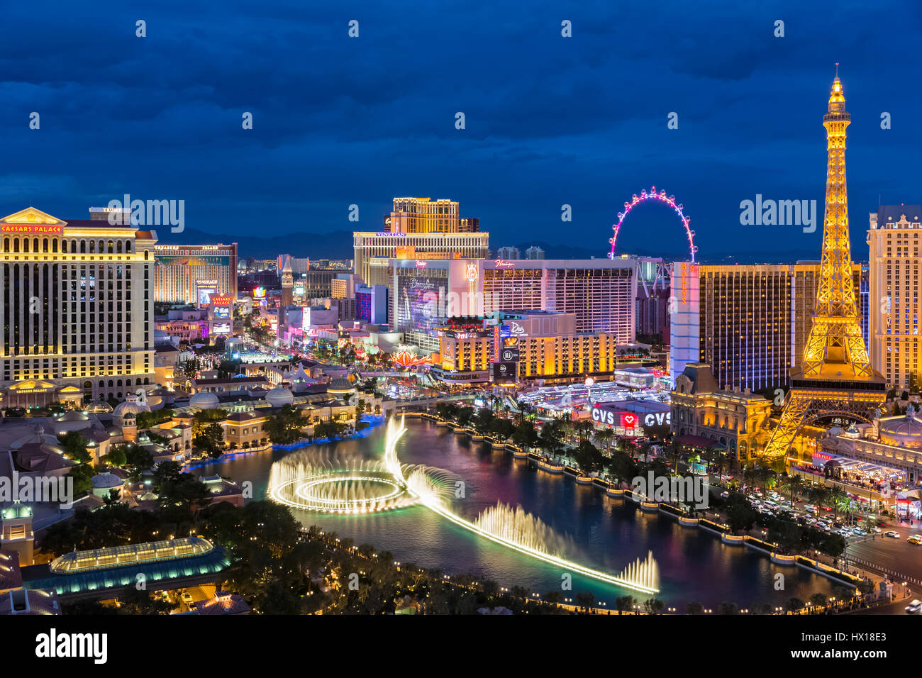 USA, Nevada, Las Vegas, Strip, fountain, hotels and Eiffel Tower at ...