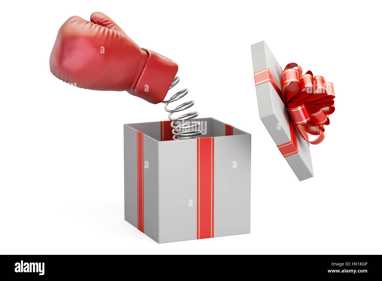 Boxing glove coming out from a gift box, 3D rendering