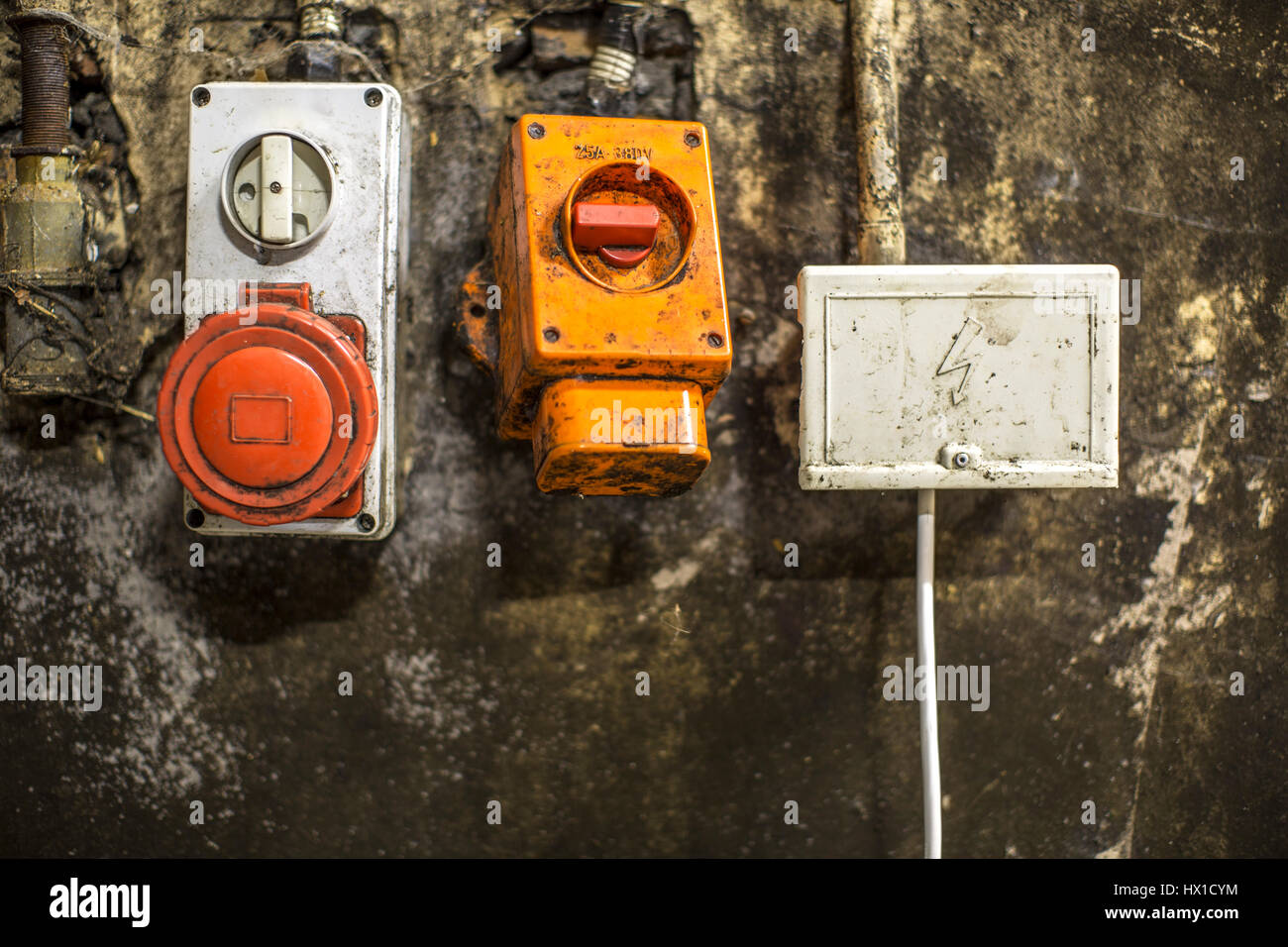 Electric plugs and switches on wall Stock Photo Alamy