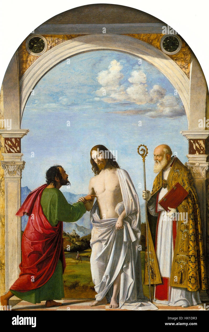 Cima da Conegliano, Incredulity of Thomas with Bishop Magno. ca. 1505, 215x151cm, Galleria dell'Accademia, Venice Stock Photo