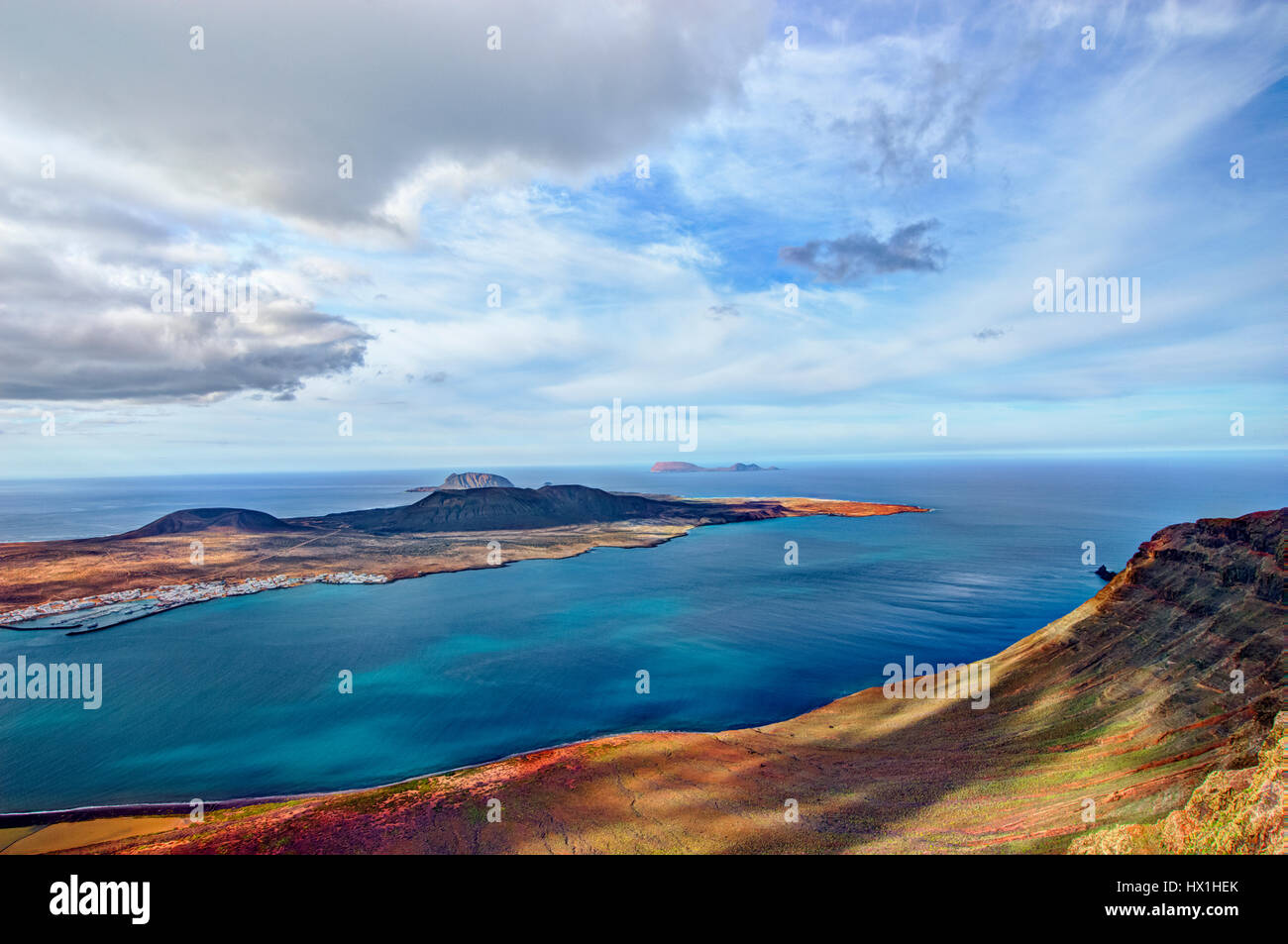 Canary island -  panoramic view from Mirador del Rio to the island of Graciosa,  Lanzarote Stock Photo
