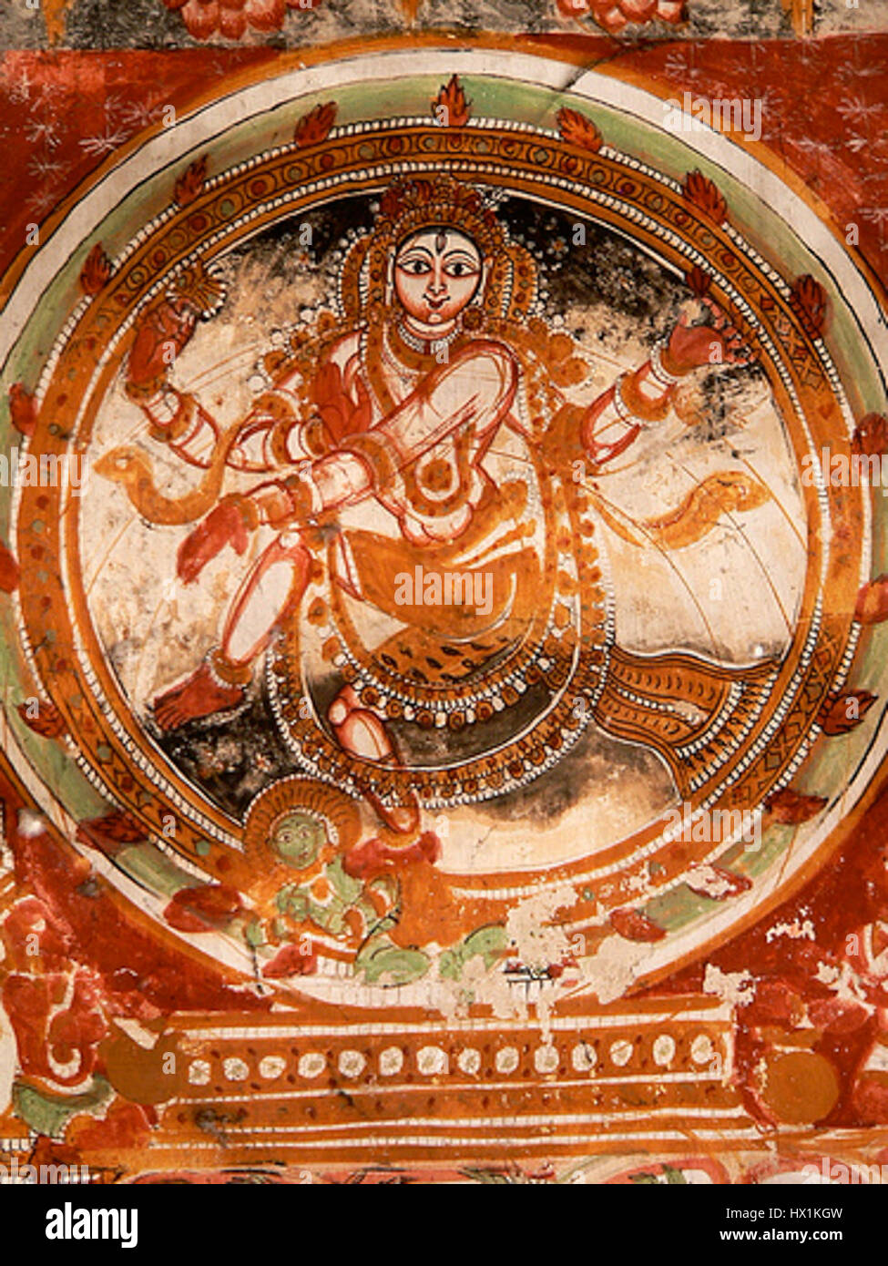 The Chidambaram Nataraja temple fresco depicts Lord Shiva in his Nataraja form, symbolizing cosmic dance and the cycle of creation, preservation, and destruction. This fresco is part of the rich heritage of South Indian temple art. Stock Photo