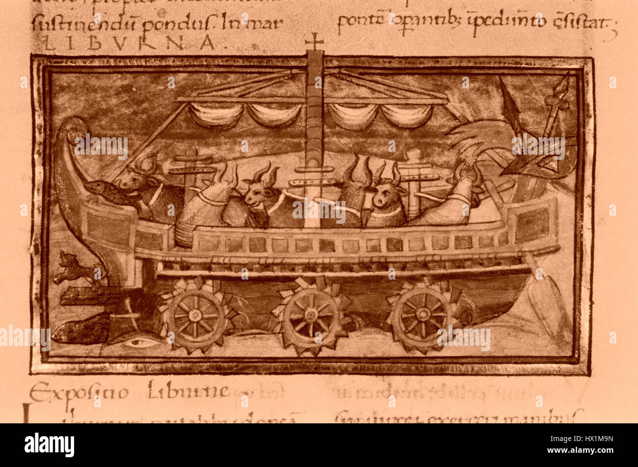 'De Rebus Bellicis' is an anonymous work from the 4th century detailing military history. This sepia manuscript illustrates ancient warfare and tactical strategies from the Roman Empire. Stock Photo